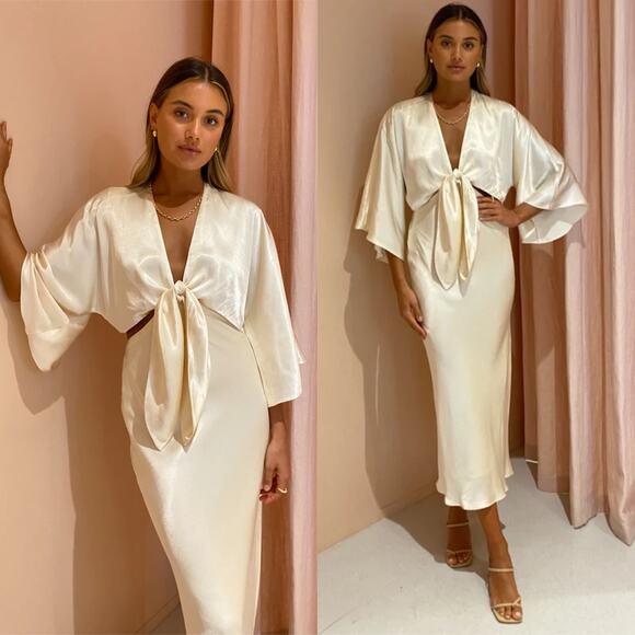 Shona Joy La Lune Tie Front Bias Midi Dress Cream - Picture 1 of 14